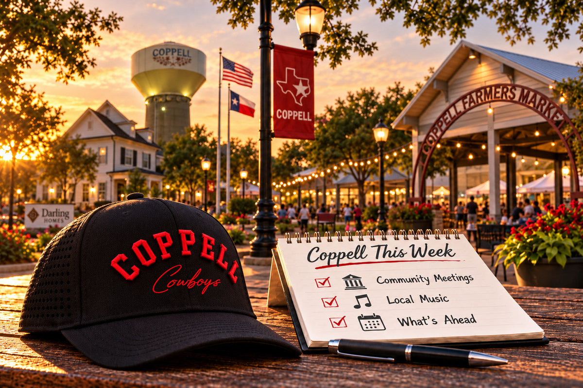 Conceptual editorial image inspired by actual Coppell landmarks: water tower, Old Town buildings, Coppell Farmers Market, and black Coppell Cowboys hat