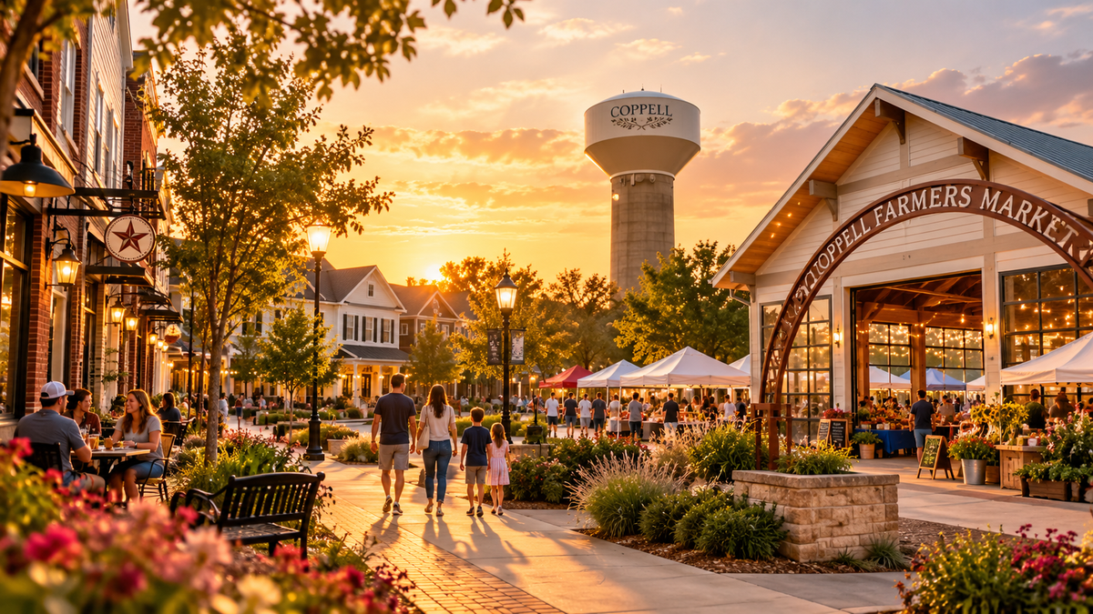 Illustrated golden-hour scene of Coppell community life with families, Old Town-inspired storefronts, the Coppell water tower and farmers market.