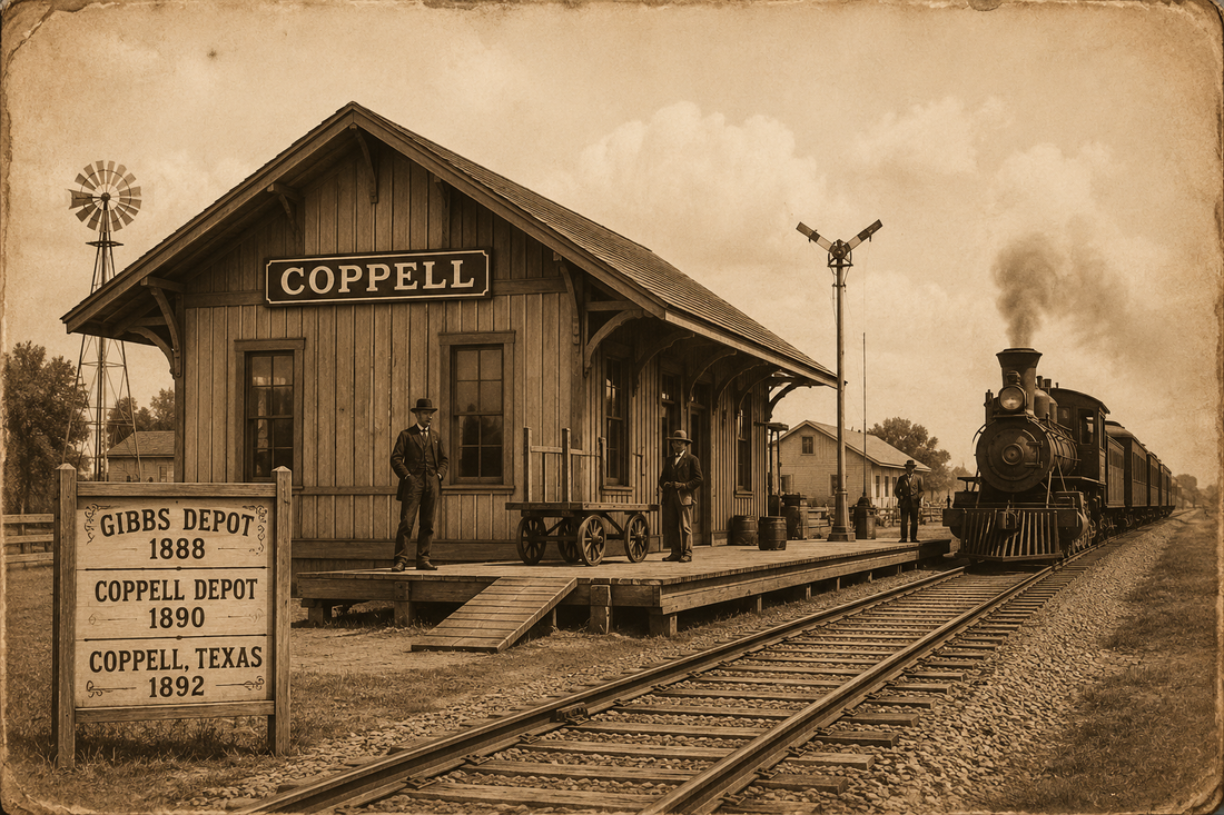 Old western-style illustration of the historic Coppell railroad depot and steam train