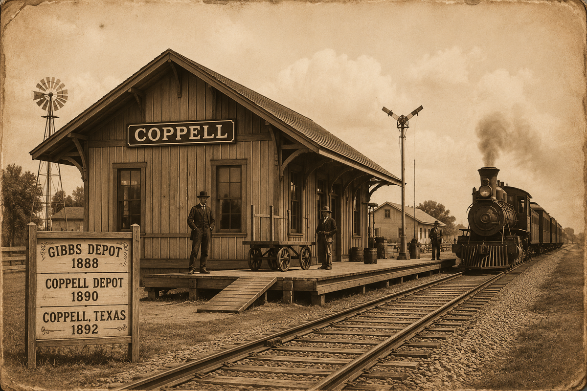 Old western-style illustration of the historic Coppell railroad depot and steam train