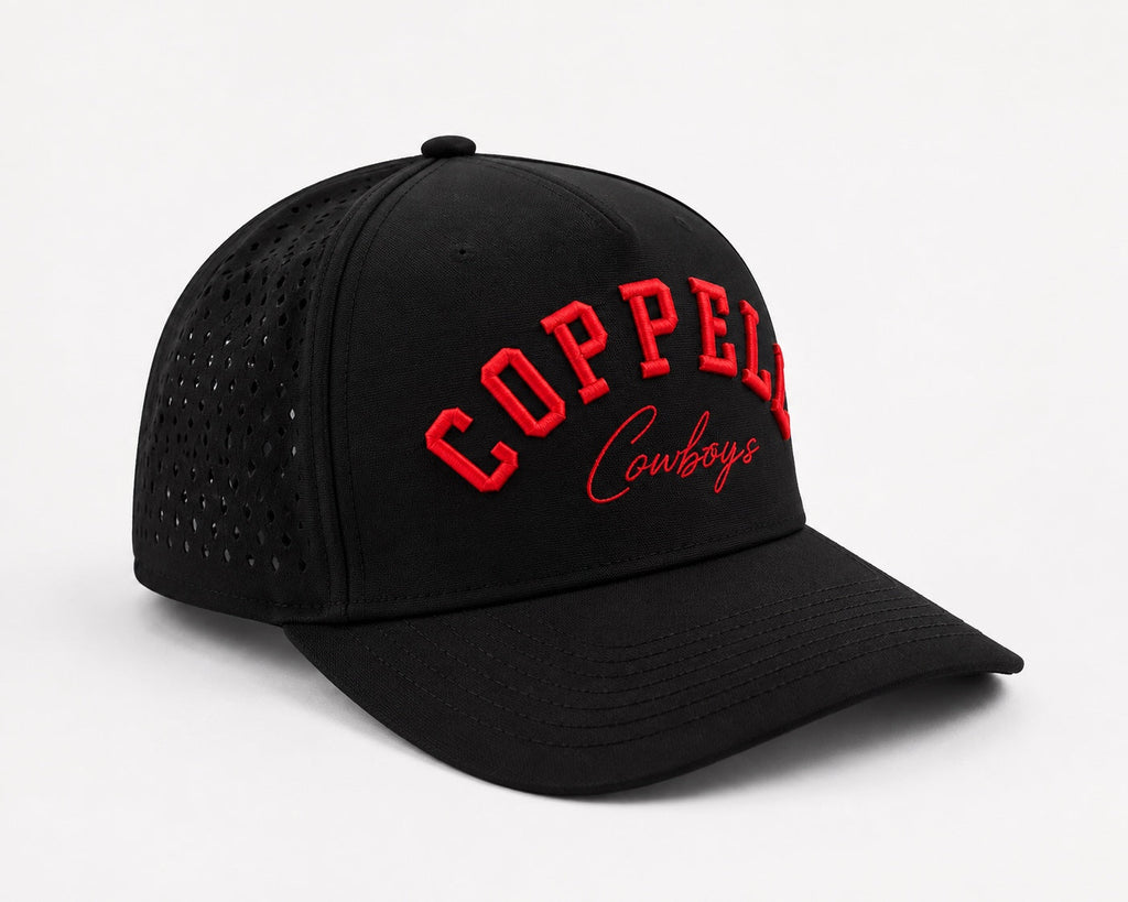 The Blackout Coppell Cowboys black performance hat with red embroidery angled view