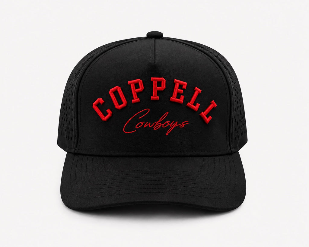 The Blackout Coppell Cowboys black performance hat with red embroidery front view