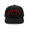 The Junction Coppell Cowboys black performance hat with red embroidery front view