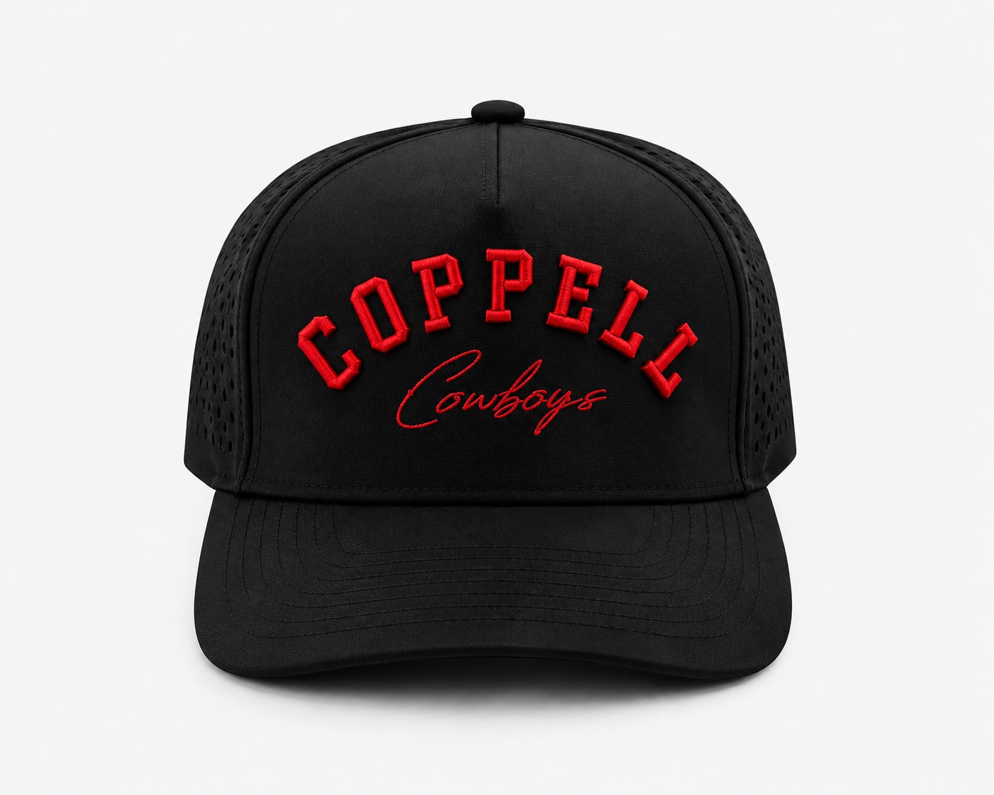 The Blackout Coppell Cowboys black performance hat with red embroidery front view
