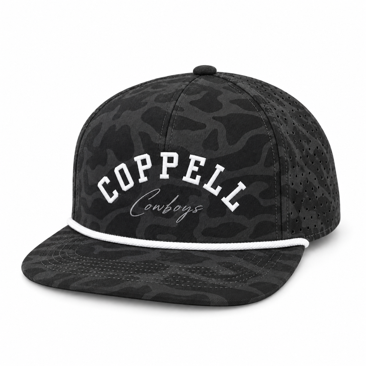 Design mockup: The Blackland, Black Camo hat with front embroidery