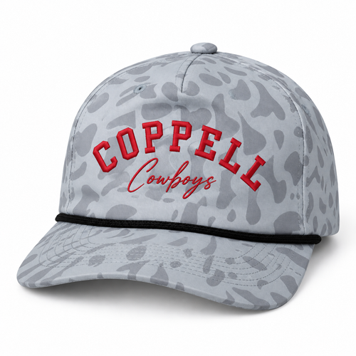 Design mockup: The Cottonwood, Light Gray Camo hat with front embroidery