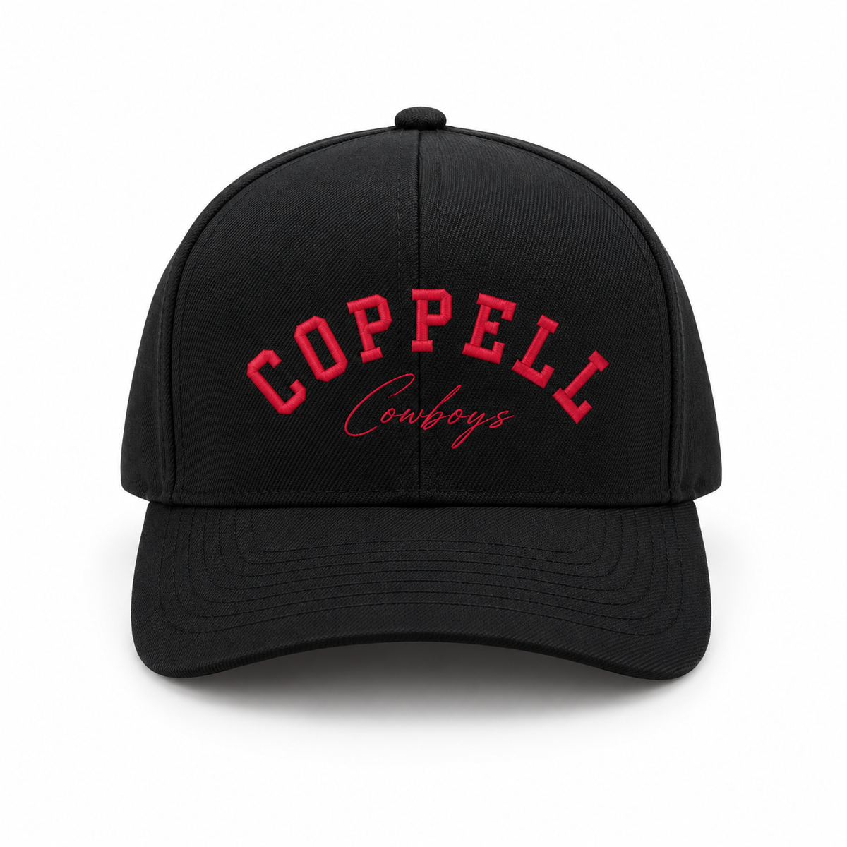 Design mockup: The Junction — Kids, Black / Red hat with front embroidery