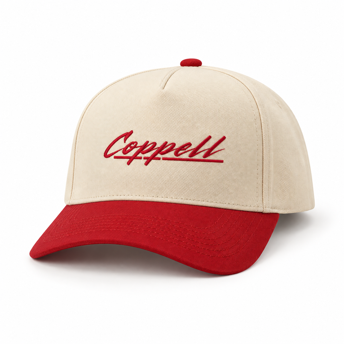 Design mockup: The Gibbs, Cream / Red hat with front embroidery