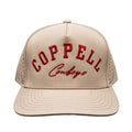 The Next Up — Kids tan snapback with red Coppell Cowboys embroidery, front view on white