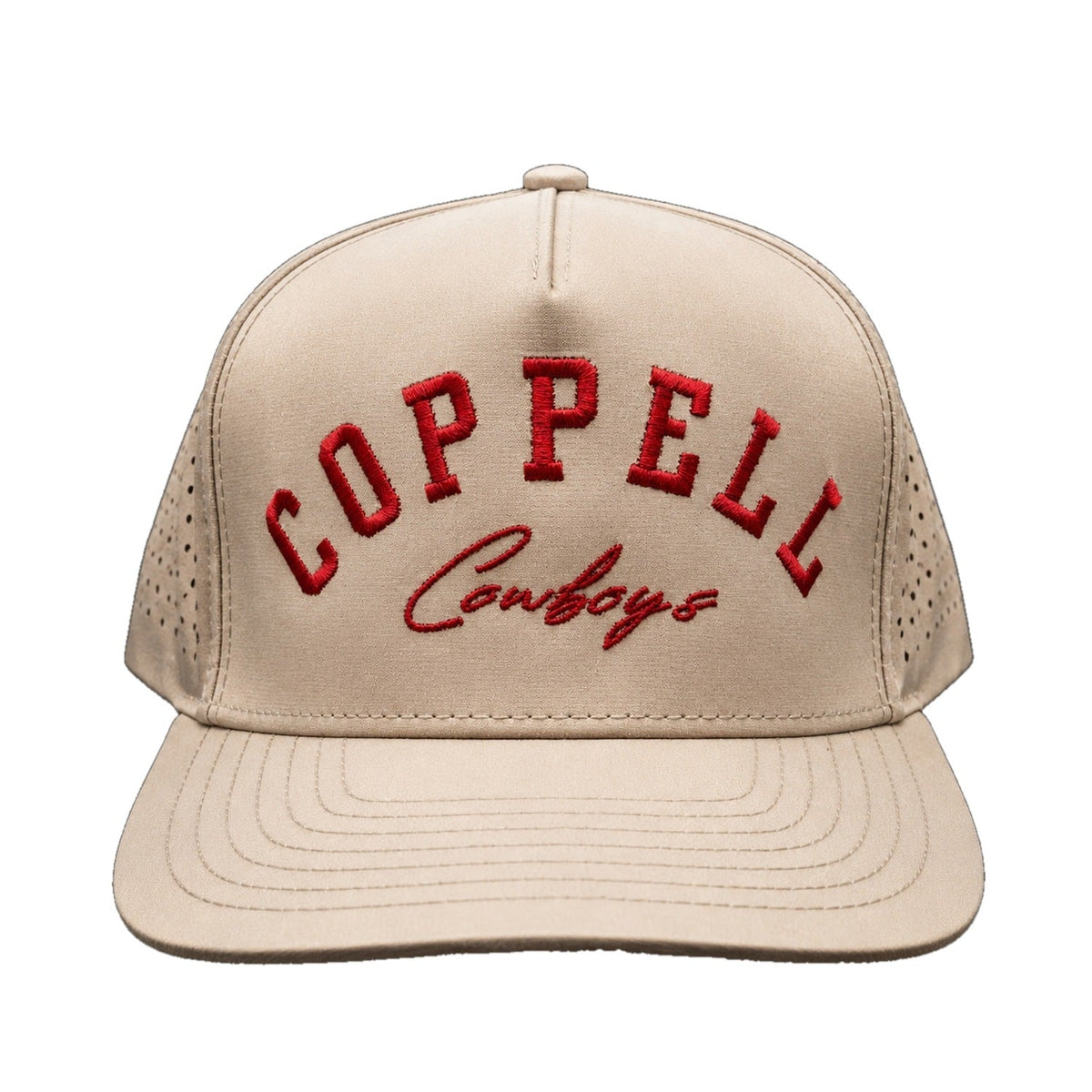 The Next Up — Kids tan snapback with red Coppell Cowboys embroidery, front view on white