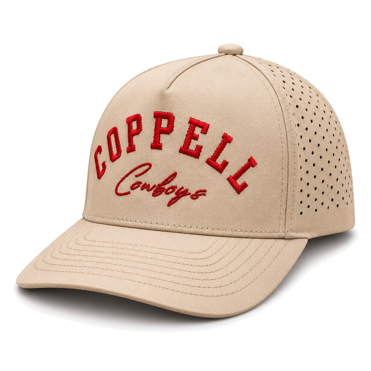 The Next Up — Kids tan performance snapback, angled side view on white background